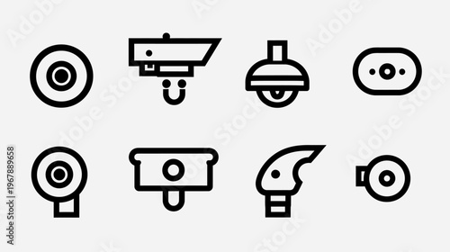 Collection of eight distinct, minimalist, security device vector icons