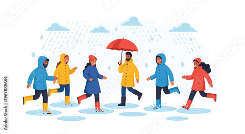 Group of diverse people wearing colorful raincoats and carrying umbrellas while walking through puddles in the rain.