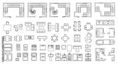 Architectural floor plan icons set, furniture top view symbols for interior design, house layout vector elements for blueprint planning