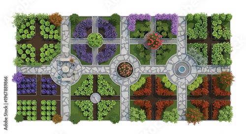 Top-down garden landscape design vector, architectural site plan with stone paths and flower beds, formal park layout with fountain and greenery