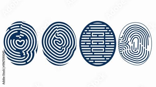 Four blue maze designs in circular frames against a white background, minimal style
