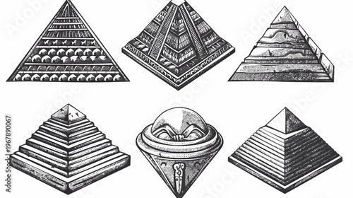 Six engraved pyramids and geometric shapes with varying textures and step patterns