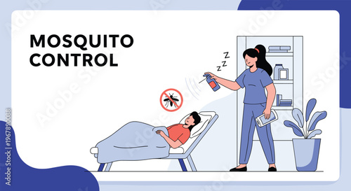 Healthcare worker spraying repellent in a room to protect a sleeping person from mosquitoes and diseases.