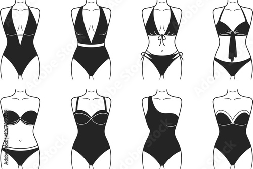 Silhouette collection of various women's swimwear styles including bikinis and one-piece swimsuits isolated on a white background for summer fashion and beachwear design.