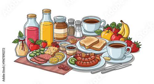 Variety of breakfast foods including toast, sausages, fruit, coffee, and juice arranged on a wooden table.