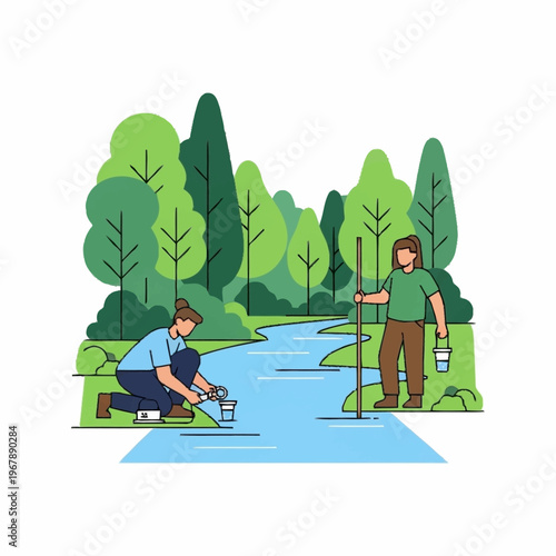 Scientists collecting water samples in a river for environmental analysis.