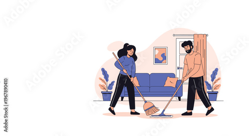 Young man and woman working together to sweep and mop the floor in a modern and tidy living room at home.