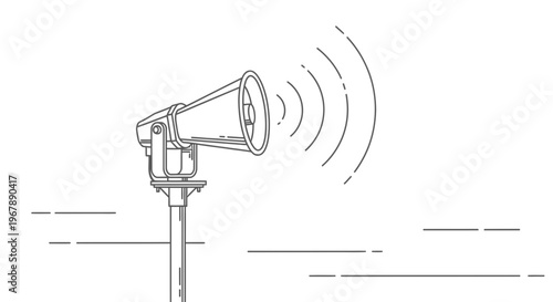 Bullhorn on a stand broadcasting sound.