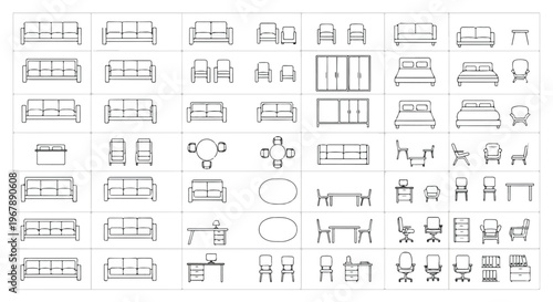 Architectural floor plan icons set, furniture top view symbols for interior design, house layout vector elements for blueprint planning