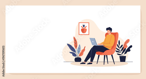 Professional man sitting comfortably in an orange armchair and working on his laptop in a minimalist room.