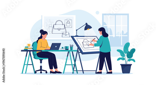 Two female fashion designers working at a desk and a drafting table to create new designs for handbags.