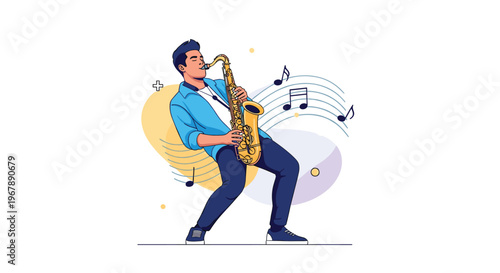 Musician playing a golden saxophone with abstract musical notes and shapes in the background representing sound.