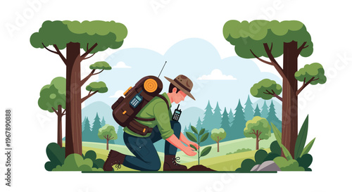 Dedicated park ranger or environmentalist kneeling to plant a young tree sapling in a beautiful forest landscape.