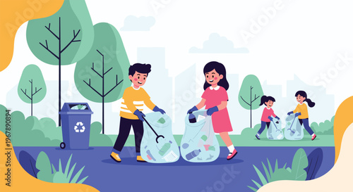Group of happy kids working together to collect trash in bags and clean up a green city park environment.