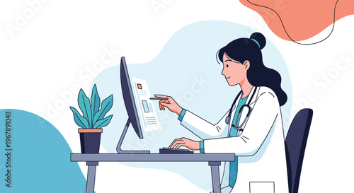 Professional female doctor sitting at a desk and using a computer to review medical records or research data.