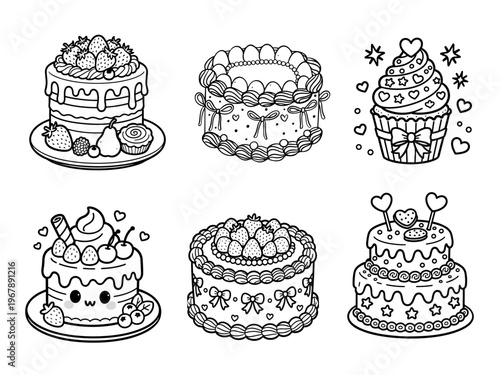 Cute Cake and Cupcake Coloring Pages Set, Kawaii Dessert Line Art Illustration