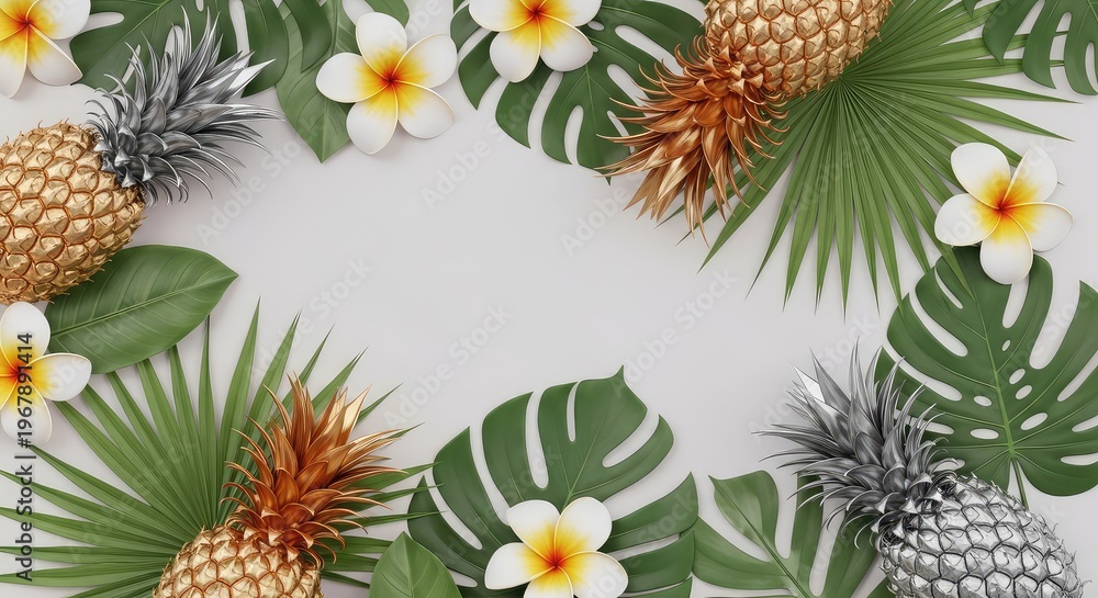 Fototapeta premium Elegant tropical pattern featuring metallic gold and silver pineapples, plumeria blossoms, and lush palm leaves for a luxurious aesthetic, botanical, creative, glamour