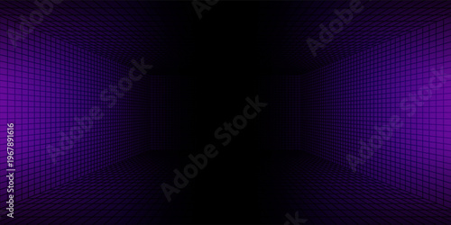 Purple glowing neon wireframe background. Shining checkered vertical grid planes in perspective. Retro futuristic depth wallpaper. Arcade game sci fi matrix surface backdrop for poster, banner. Vector