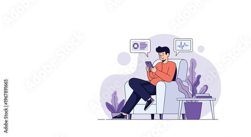 Man relaxes in an armchair while using his smartphone and viewing various data charts and notifications in a cozy setting.
