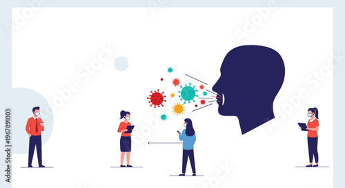 Giant human head releases virus particles towards people wearing masks to illustrate the spread of airborne diseases and social distancing.