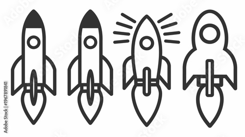 Four cartoonish rockets in black outline, poised for liftoff with stylized flames