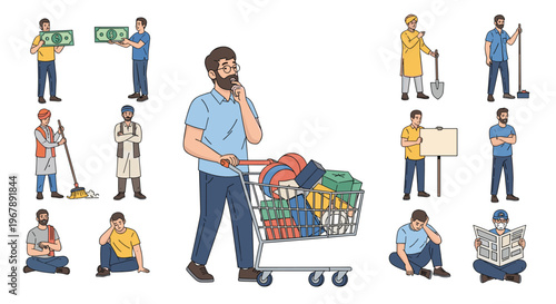 Man with glasses pushes a shopping cart full of colorful items while surrounded by various characters representing different occupations.
