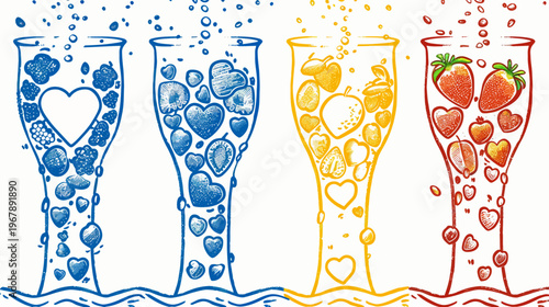 Four sketch-style glasses, each filled with different colored hearts and fruit shapes