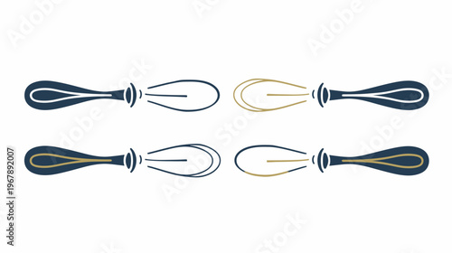 Vector image shows four stylized whisks in blue and gold on white background