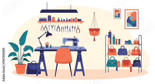 Detailed view of a bag maker's workshop featuring a sewing machine, tools on the wall, and finished leather handbags.