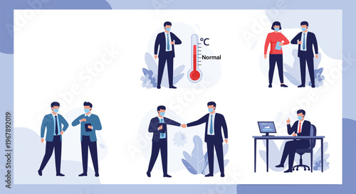 Set of illustrations showing business people practicing safety measures like wearing masks, elbow bumping, and checking temperatures.