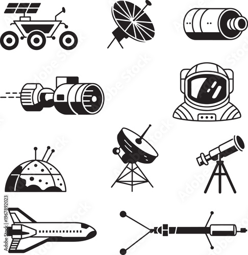 This comprehensive collection of monochrome icons depicts various elements of space exploration, astronomy, and scientific discovery.