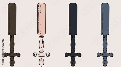 Four stylized truncheons, rendered in varying shades, against a pale backdrop