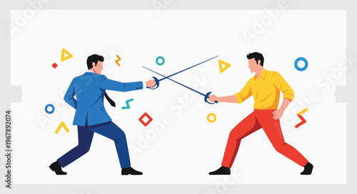 Two fencers dressed in modern business attire engage in a duel with foils surrounded by colorful geometric shapes.