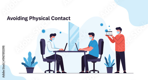 Office workers wear masks and use glass partitions between their desks to avoid physical contact and ensure a safe environment.