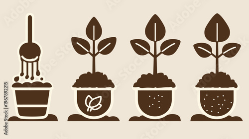 Four plant pots showing a growing process, rendered in simple brown and beige tones