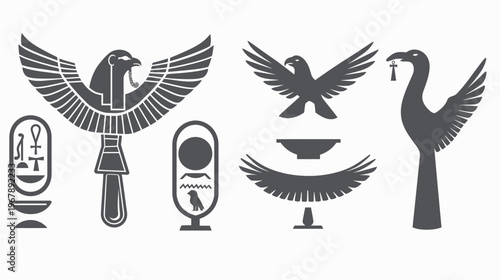 Silhouette drawings of ancient Egyptian motifs, including winged creatures and cartouches