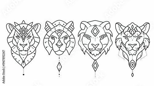 Four geometric lion heads line drawing, each with unique ornate adornments