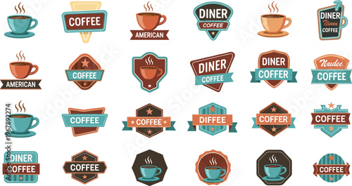 Vintage Coffee Badge and Label Collection Featuring Diner Style Logos, Retro Cafe Emblems and Classic Beverage Branding Vector Illustration Set