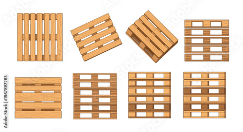 Collection of eight wooden pallets viewed from different angles including top, front, side, and perspective views.