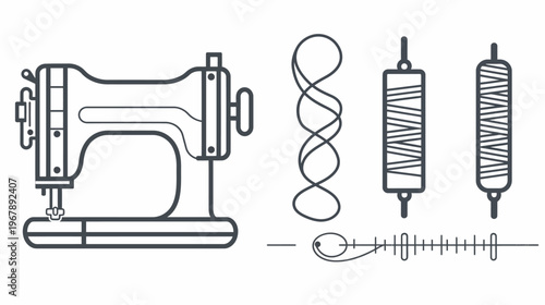 Graphic vector illustration of sewing machine, thread, needle and bobbin on white