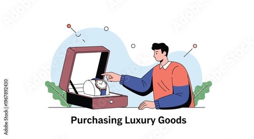 Man in a red and blue sweater looks with great interest at an expensive luxury watch presented in a professional leather box.