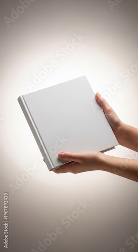 Small hands hold a blank white square hard cover book against a soft neutral background, ideal for a minimalist creative storybook mockup, front, space, storytelling