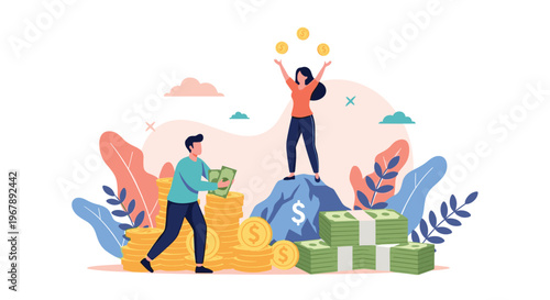 Man and woman celebrate their financial success by standing among stacks of gold coins and piles of green banknotes.
