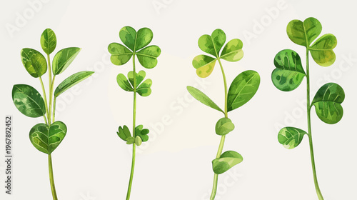 Watercolor-style depiction of four different clover plants with varying leaf shapes