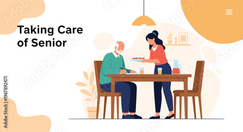 Caring young woman serves a healthy meal to an elderly man seated at a wooden table in a brightly lit dining room.