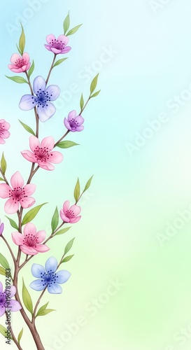 This ethereal watercolor painting showcases delicate pastel blossoms on stylized branches, creating a calm and peaceful natural atmosphere, peaceful, calm, background