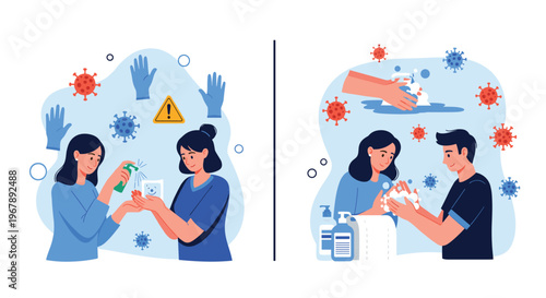 Two frames demonstrating correct hand washing and sanitizing techniques to maintain hygiene and prevent the spread of germs.