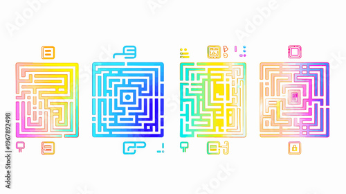 Colorful square mazes with unique start/end point icons in a watercolor style