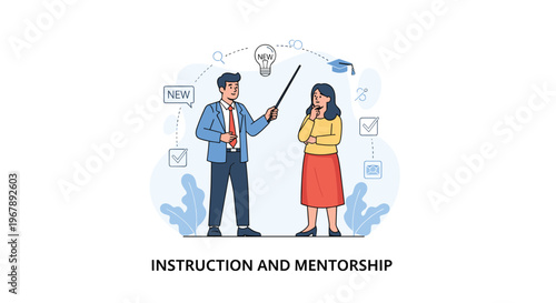 Professional male mentor uses a pointer to explain concepts and share ideas with a female student in an educational setting.