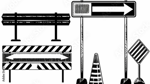 Black-and-white sketch of roadside barricades, signs, and safety cone for roadwork scenes